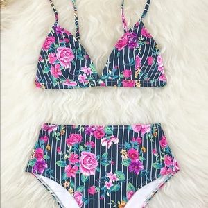 Large Floral and Stripe CUPSHE high waisted bikini- never worn!